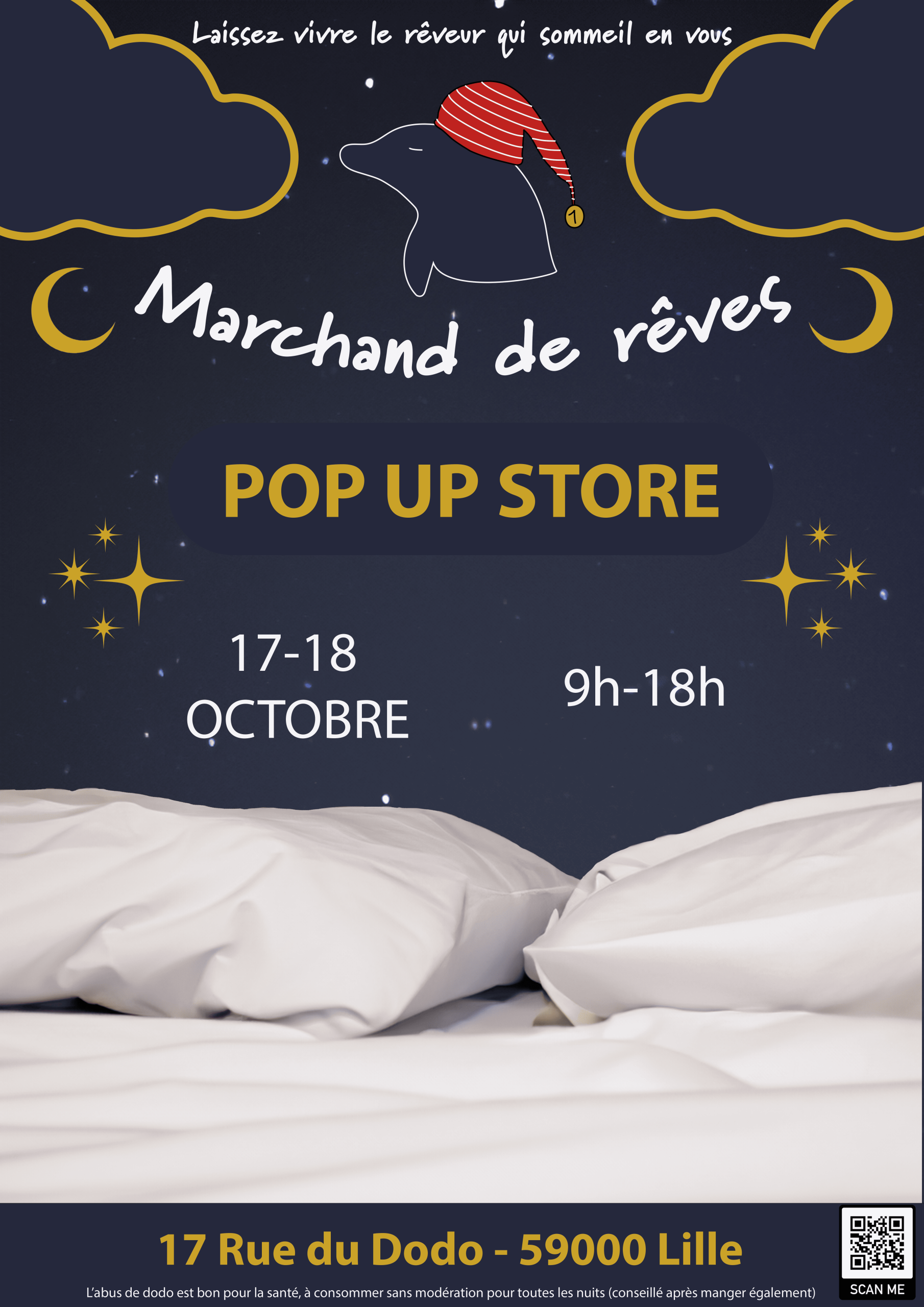 affiche-pour-marque-de-literie-fictive-de-leon-marchand-ouverture-popup-store-literie