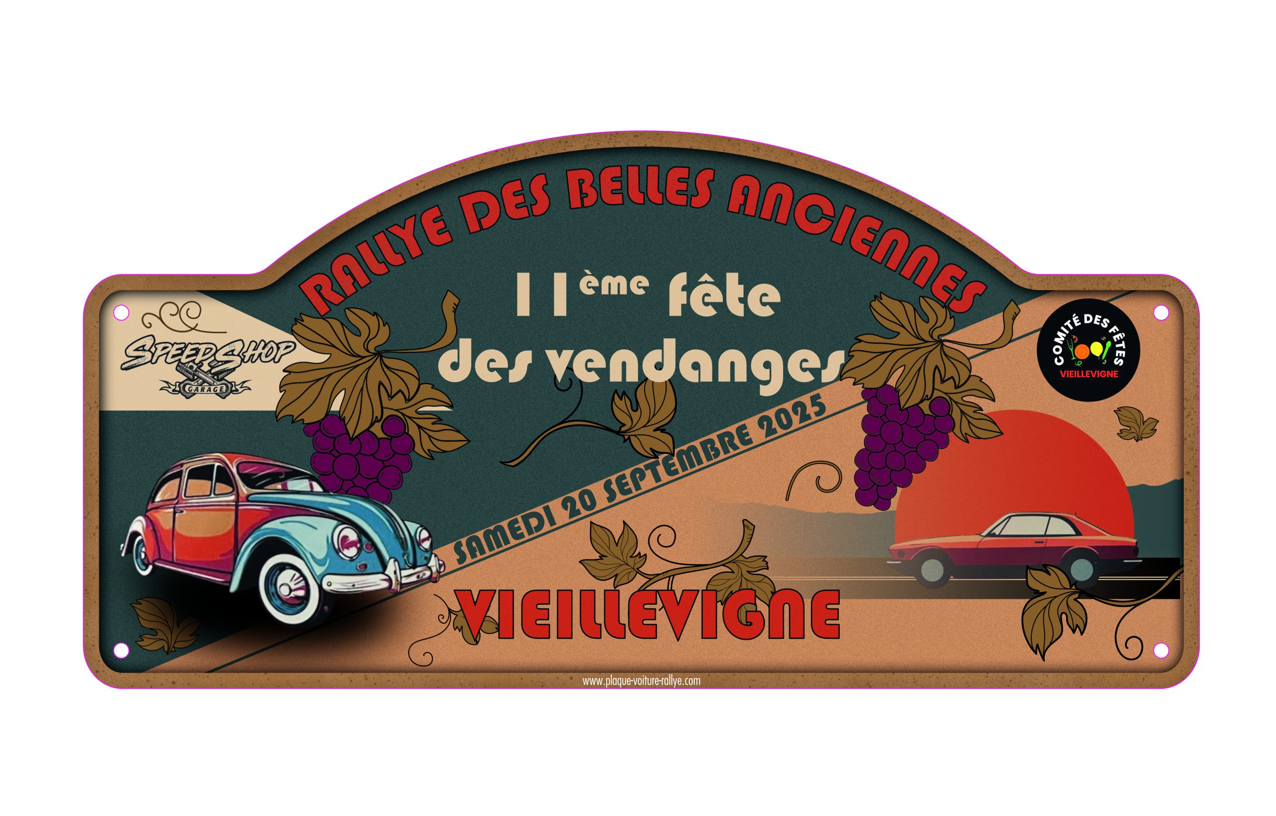 plaque-de-rallye-des-belles-anciennes-onzieme-fete-des-vendanges-de-vieillevigne-septembre-2025-style-retro-vintage