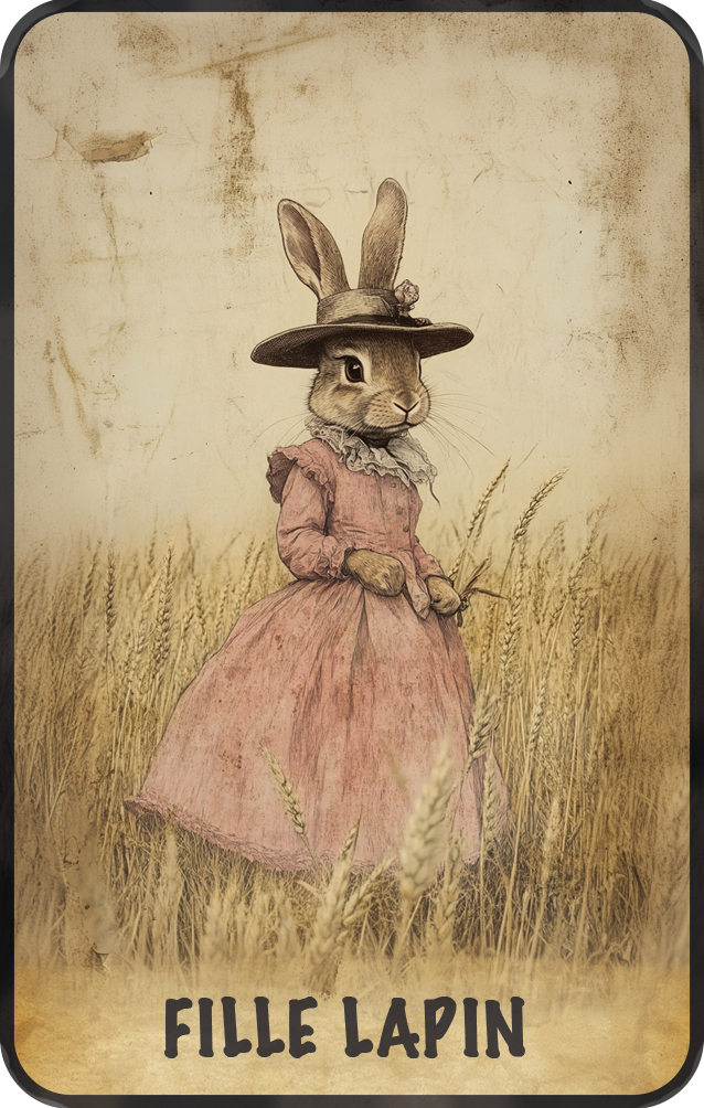 carte-avec-visuel-genere-par-intelligence-artificielle-représentant-un-lapin-en-robe-rose-avec-un-chapeau-de-paille-dans-un-champ-de-ble