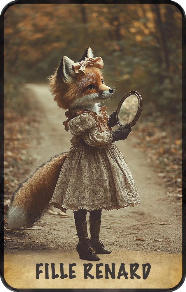 carte-avec-visuel-genere-par-intelligence-artificielle-représentant-un-jeune-renard-porte-une-robe-d-epoque-et-se-regarde-dans-un-miroir-dans-une-foret-a-l-automne