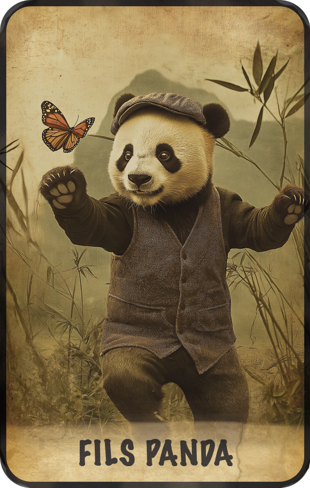 carte-avec-visuel-genere-par-intelligence-artificielle-représentant-un-jeune-panda-avec-un-costume-courant-derriere-un-papillon-dans-les-montagnes