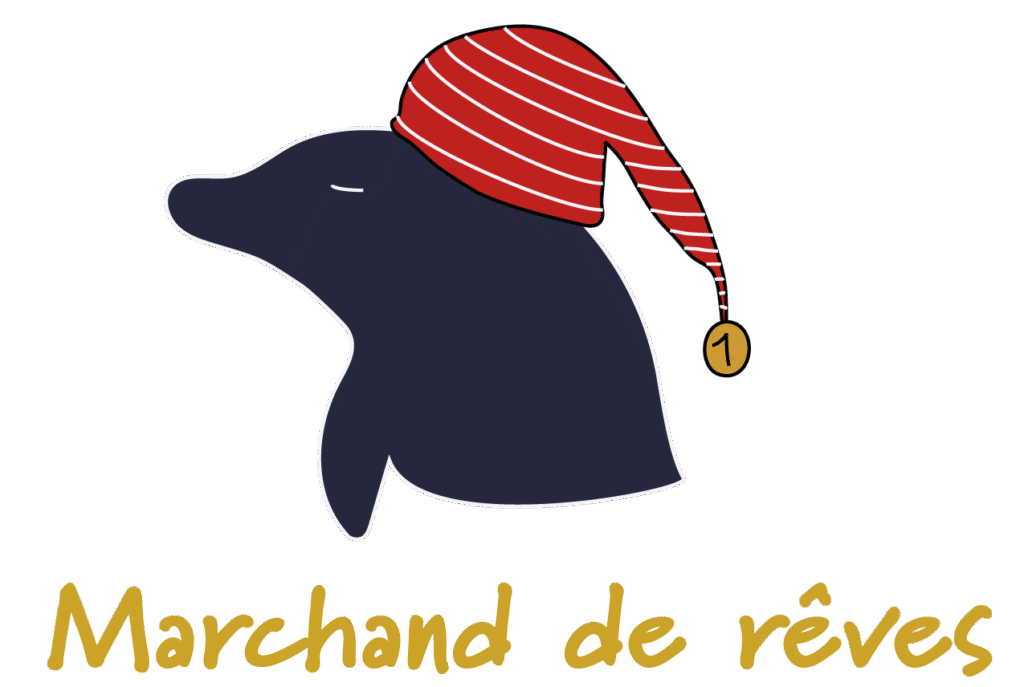 Marque-fictive-de-literie-pour-leon-marchand-logo-de-dauphin-bonnet-de-nuit-rouge-rayures-blanches-avec-les-yeux-fermés