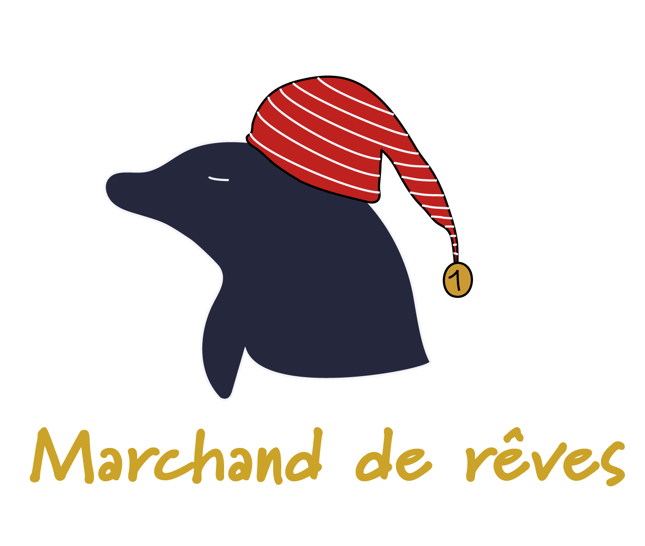 Marque-fictive-de-literie-pour-leon-marchand-logo-de-dauphin-bonnet-de-nuit-rouge-rayures-blanches-avec-les-yeux-fermés