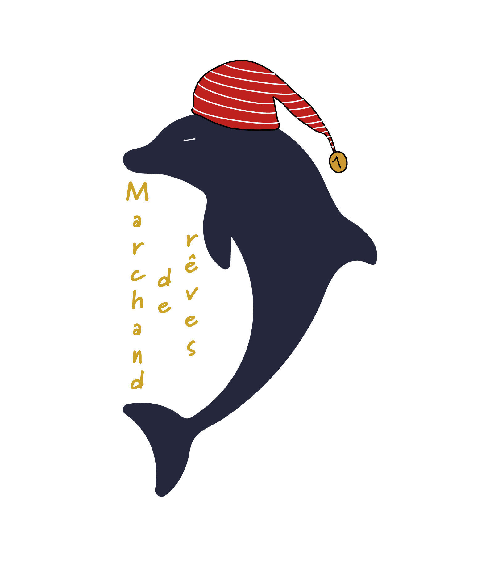 Marque-fictive-de-literie-pour-leon-marchand-logo-de-dauphin-bonnet-de-nuit-rouge-rayures-blanches-avec-les-yeux-fermés