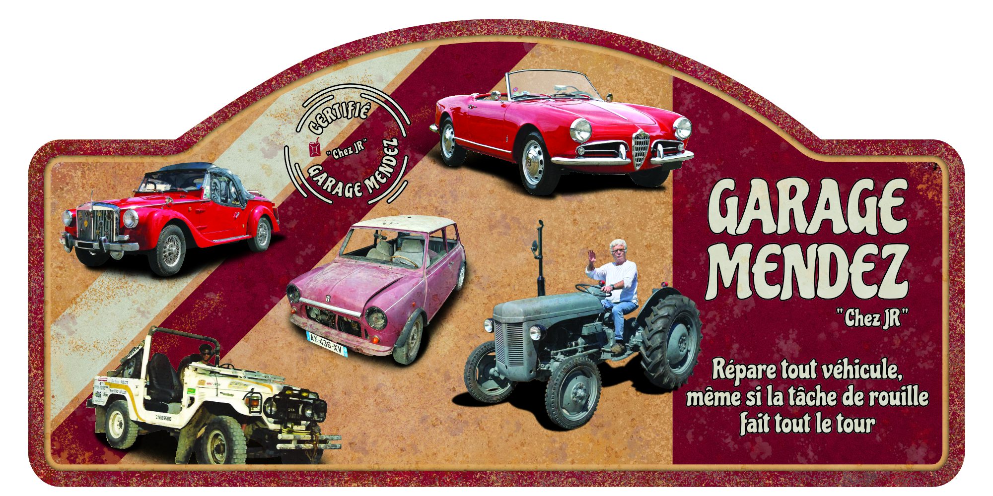 plaque-de-rallye-garage-mendez-chez-jr-alpha-romeo-guiletta-spyder-mini-mayfair-tracteur-petit-gris-bj-ciata