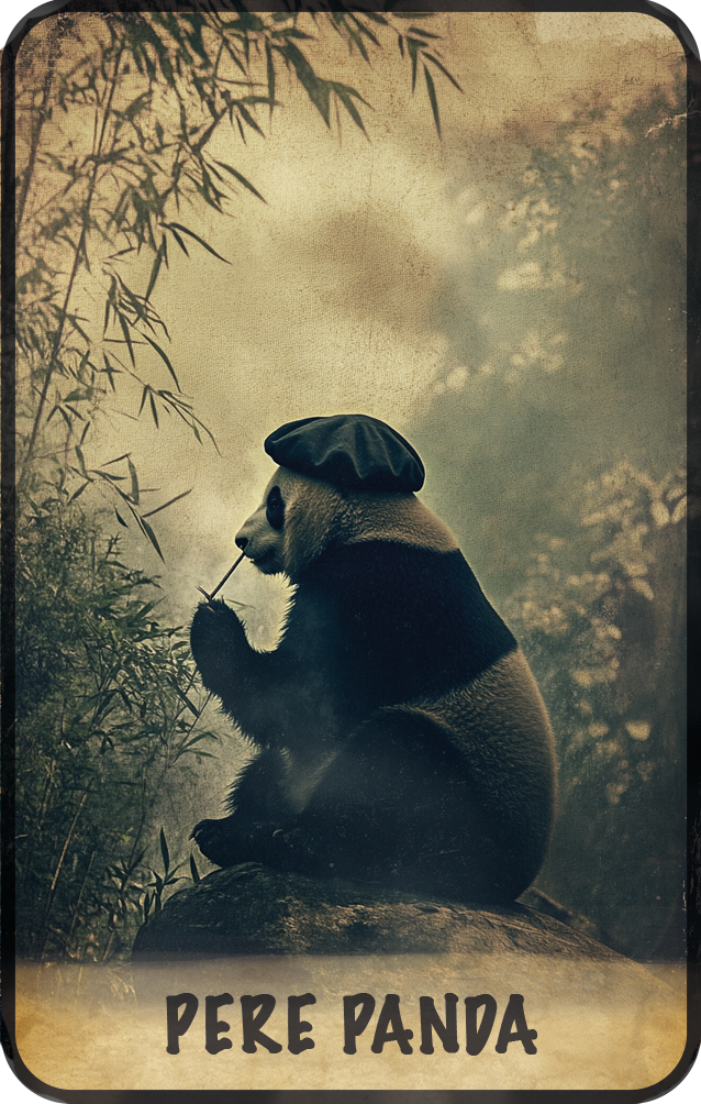 carte-avec-visuel-genere-par-intelligence-artificielle-représentant-un-panda-avec-un-beret-mangeant-un-morceau-de-bambou
