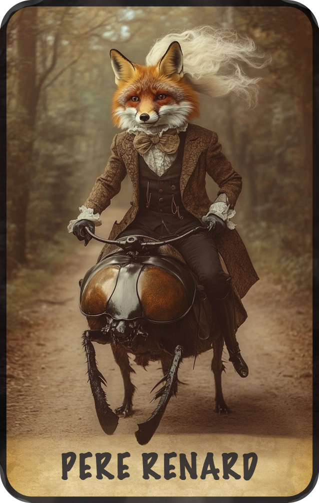 carte-avec-visuel-genere-par-intelligence-artificielle-représentant-un-renard-en-costume-d-epoque-chevauchant-une-coccinelle